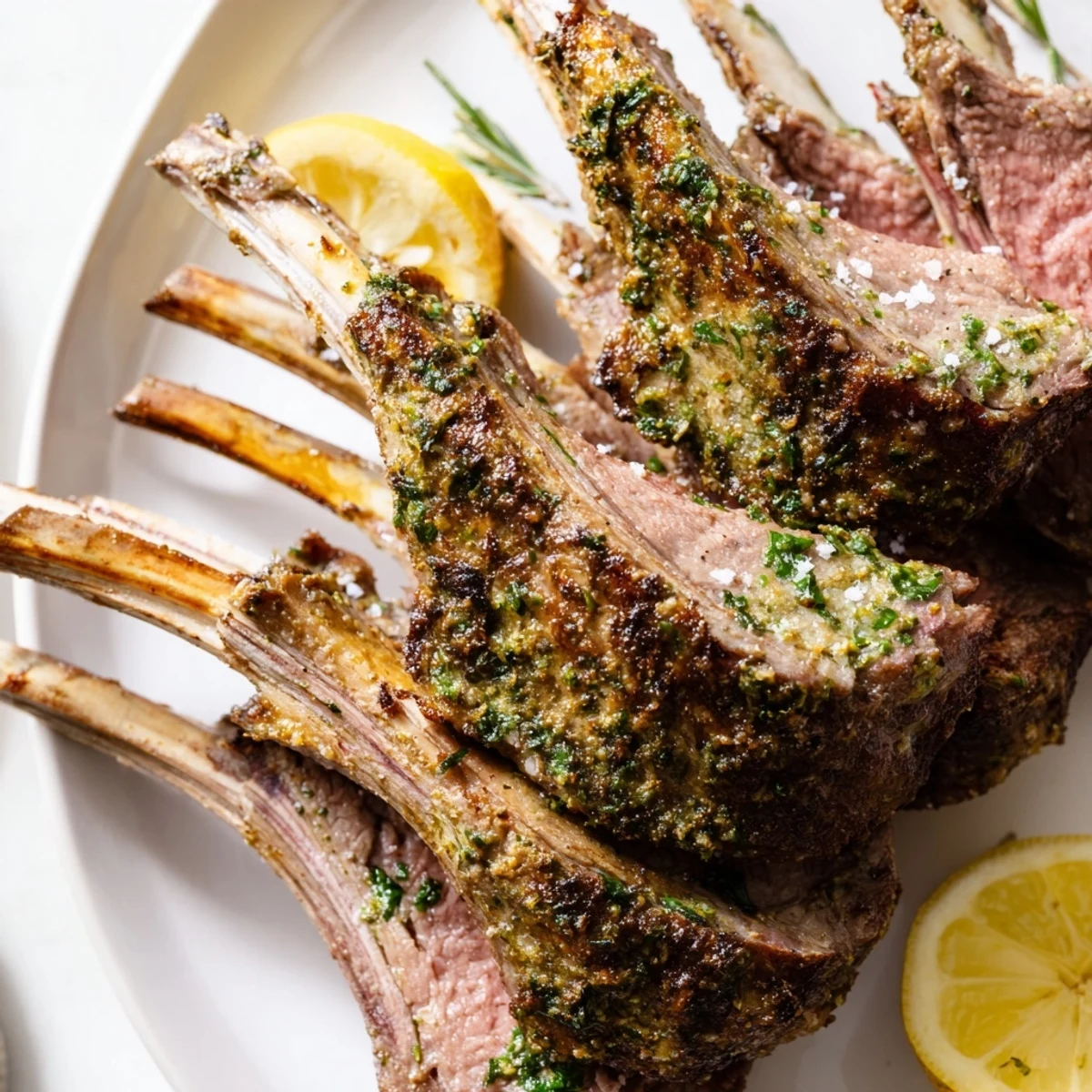 A beautifully carved rack of lamb, seasoned with fresh herbs, served alongside lemon wedges and flaky sea salt on a rustic platter.