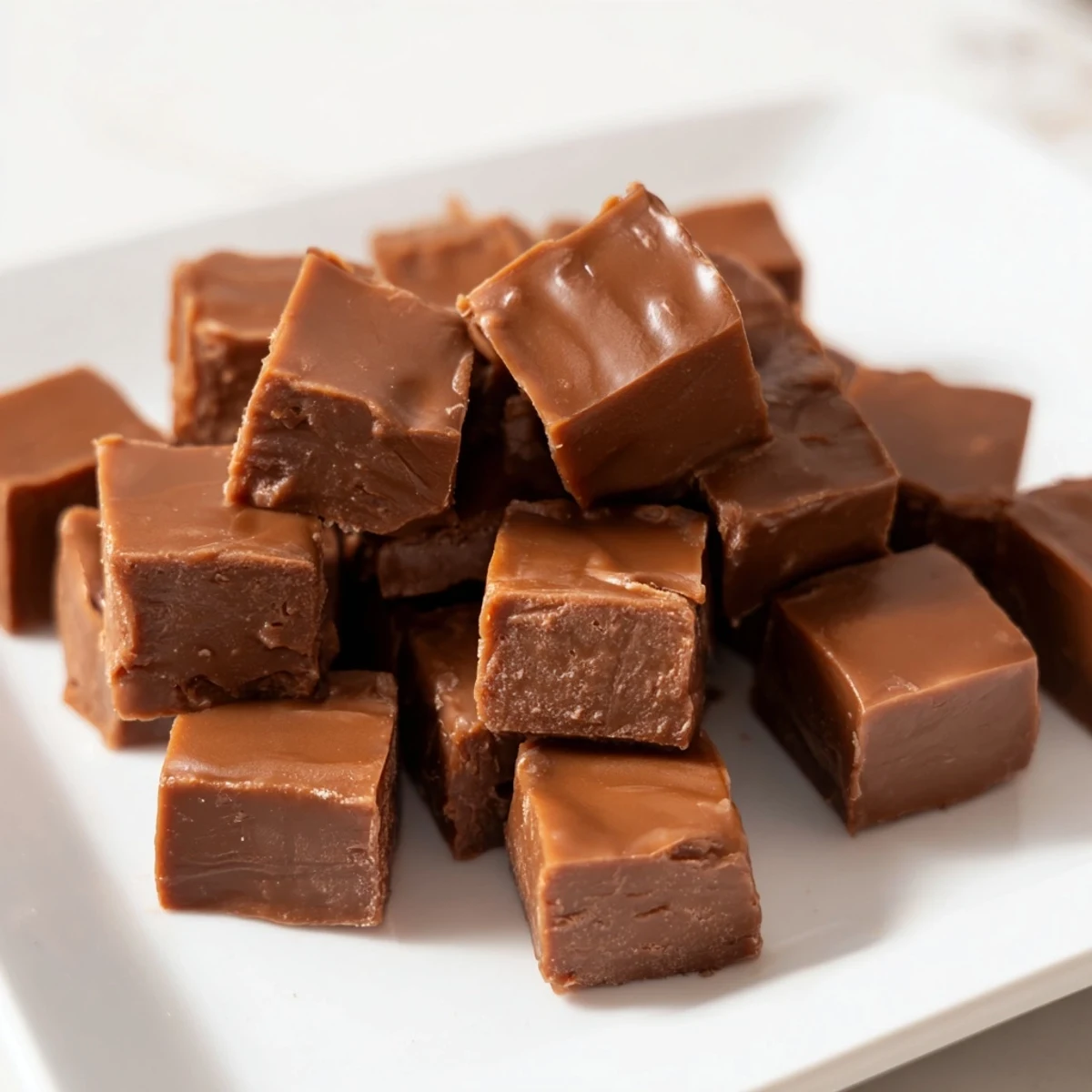 A square of creamy Irish Cream Fudge sits on a white plate, its glossy chocolate surface catching the light and promising a sweet, melt-in-your-mouth treat.