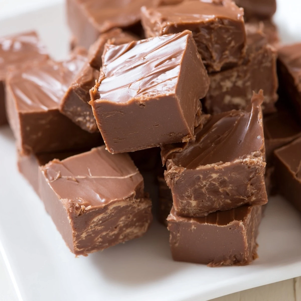 For a festive presentation, a few squares of Irish Cream Fudge are arranged on a wooden board, ready to be served with a cup of coffee.