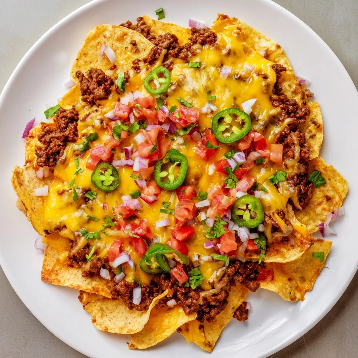 Golden, melty cheese blankets a loaded nacho platter with ground beef and jalapeños, ready for a game night.