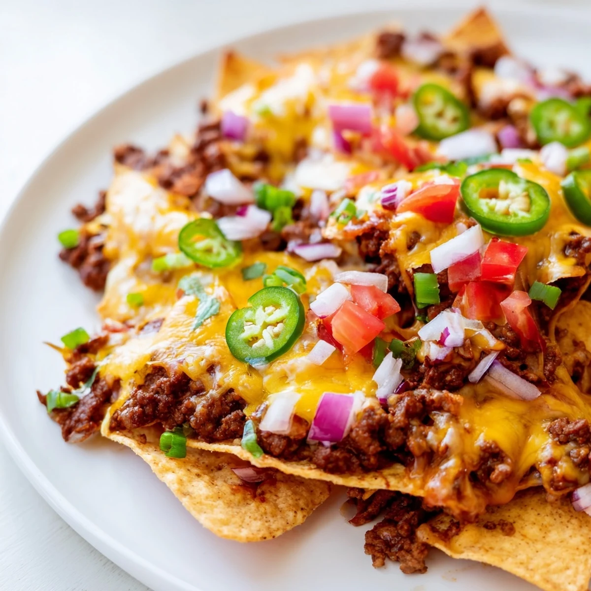 Crispy tortilla chips layered with seasoned ground beef and cheddar, topped with fresh tomatoes and cilantro.