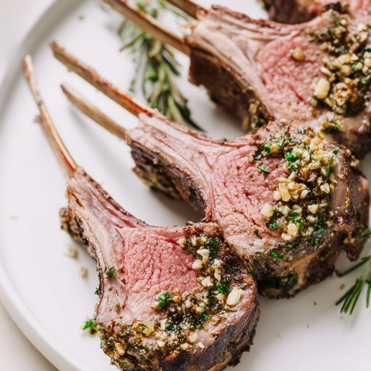 A perfectly roasted rack of lamb with herb-crusted garlic, sliced and served on a rustic platter for a gourmet main dish.  