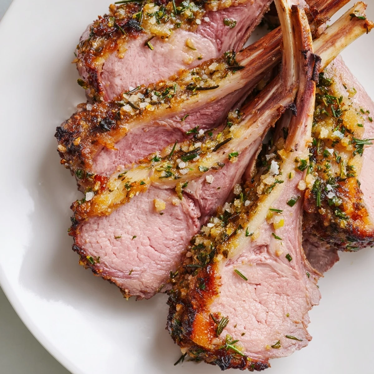 Golden-brown herb and garlic rack of lamb resting before being sliced, with flaky sea salt garnish and fresh rosemary sprigs.  