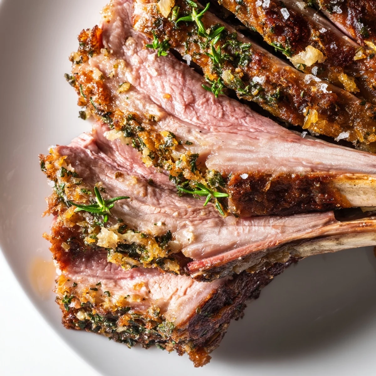 Succulent roasted lamb rack with garlic and herbs, paired with roasted potatoes and a glass of red wine for a French-inspired dinner.