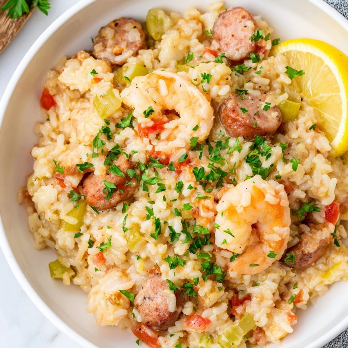 A steaming bowl of Creole Jambalaya Risotto with plump shrimp and andouille sausage alongside a glass of white wine.