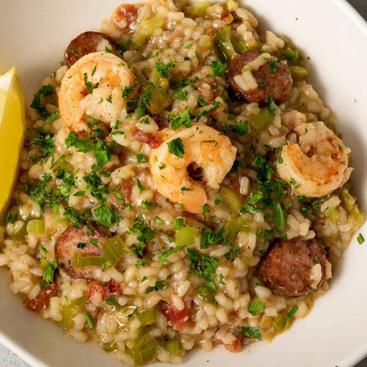 Close-up of Creole Jambalaya Risotto, showcasing tender shrimp and spicy sausage nestled in rich, creamy rice.