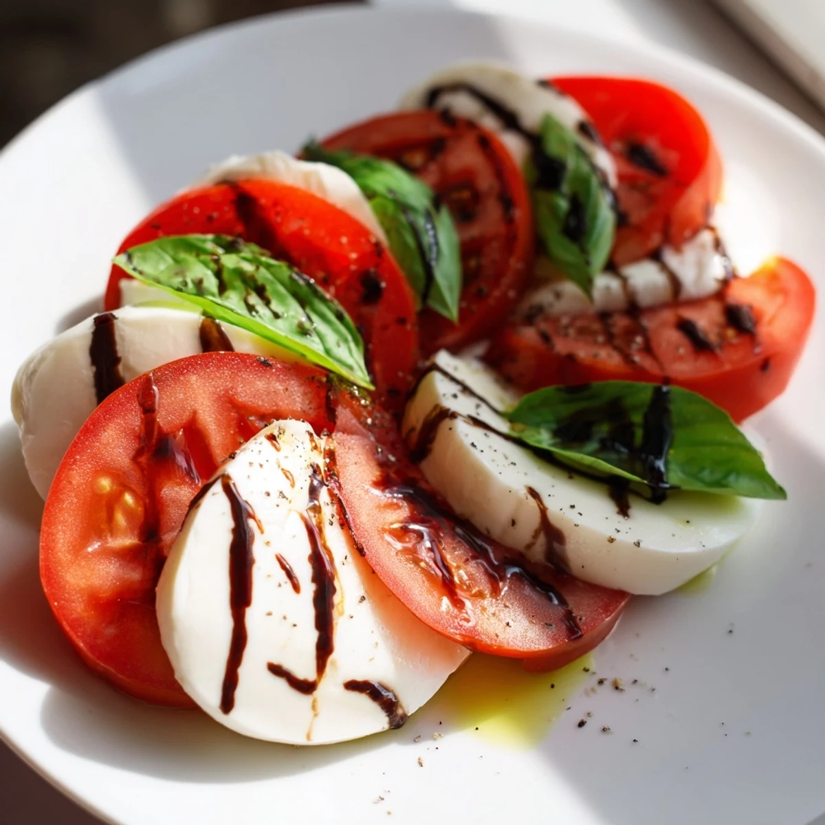 A close-up of Heart Caprese Salad with balsamic glaze, showing layered tomato and mozzarella hearts on a white platter with fresh basil.  