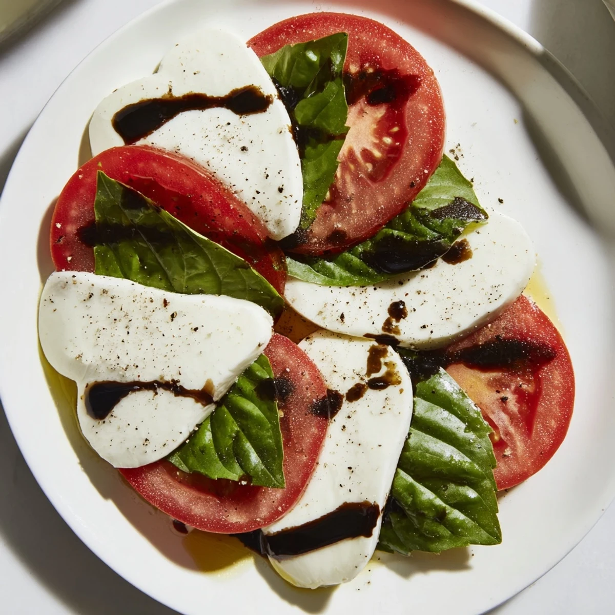 Fresh Heart Caprese Salad with balsamic glaze on a serving platter, garnished with basil leaves and ready for a special occasion.