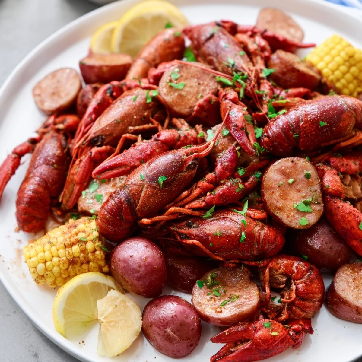 Bright red crawfish, golden potatoes, sweet corn cobs, andouille sausage, and lemon halves glisten in a heaping mound on newspaper after the Louisiana Style Crawfish Boil.
