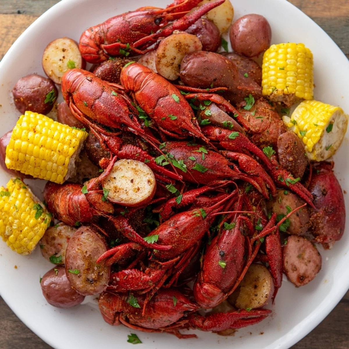 Steam rises from a large platter of Louisiana Style Crawfish Boil featuring mud bugs, potatoes, corn, and smoked sausage served with lemon wedges.