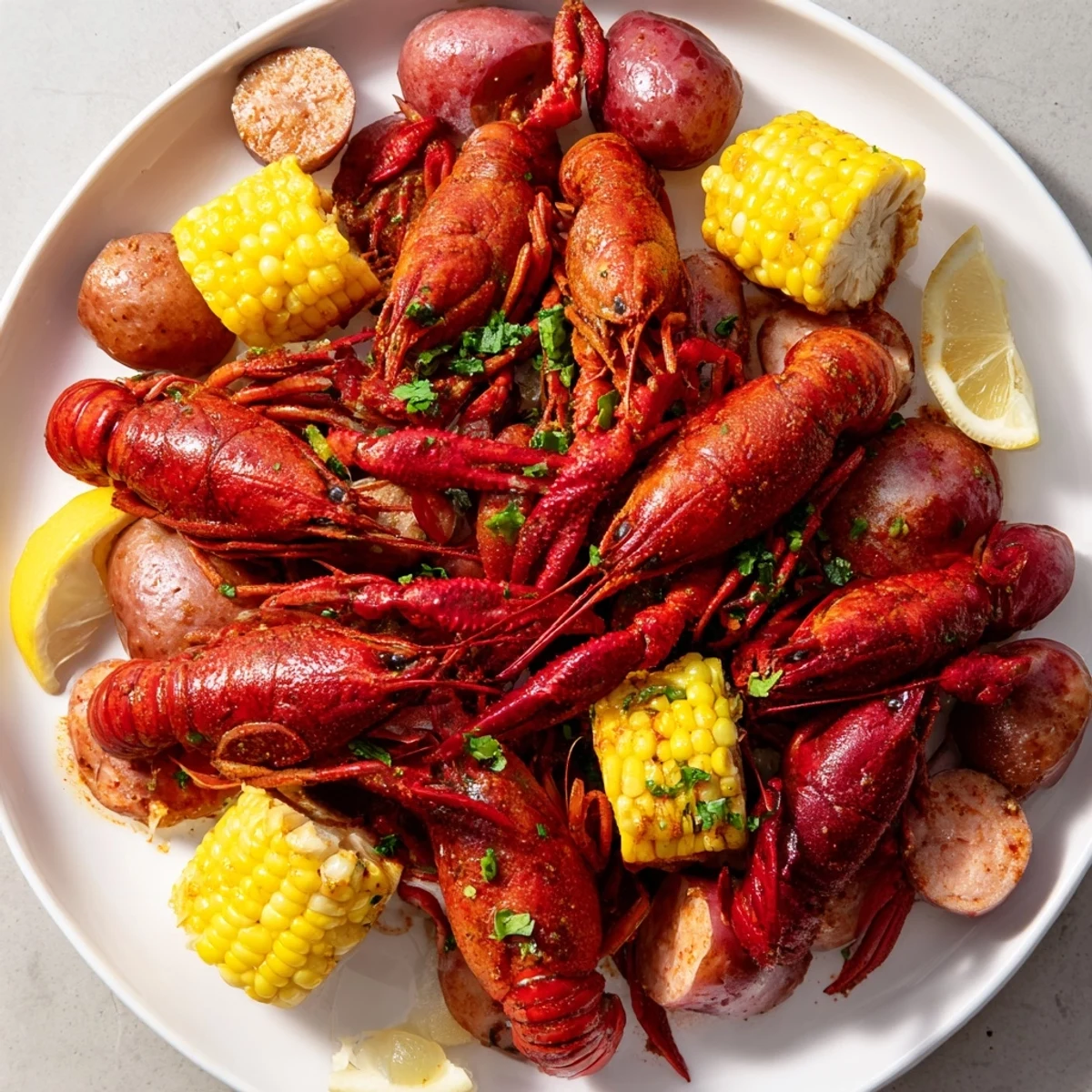 A rustic Louisiana Style Crawfish Boil spills onto a table, showcasing spicy crawfish tails, tender potatoes, corn, andouille, and extra Cajun seasoning.