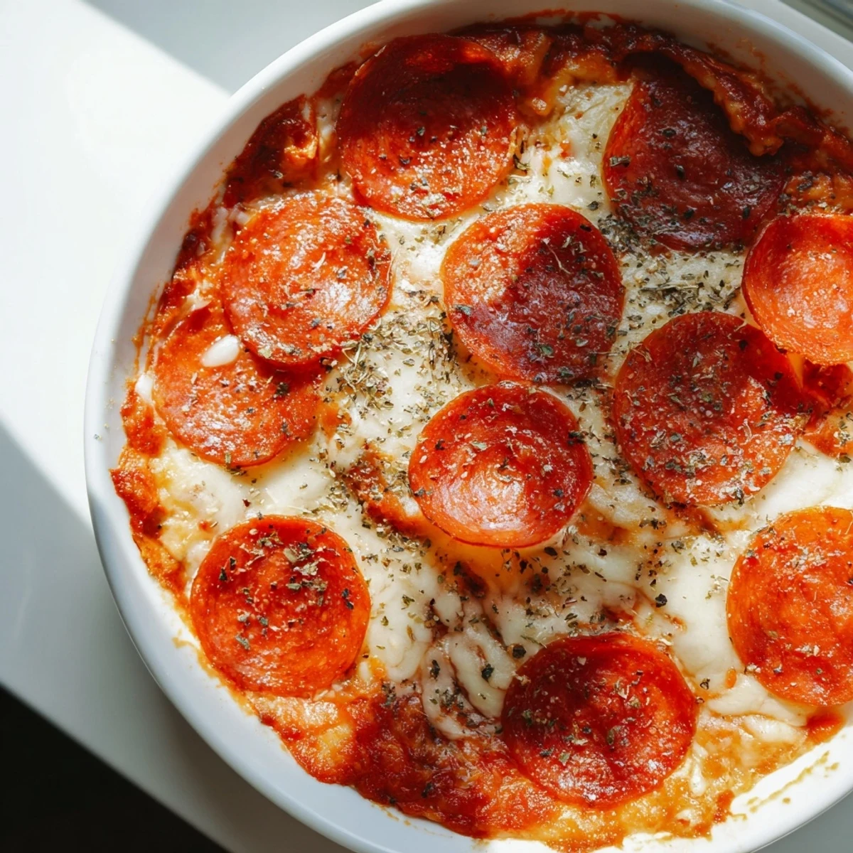 A close-up of the warm Pepperoni Pizza Dip, with melted mozzarella and Parmesan bubbling around savory beef pepperoni slices.  