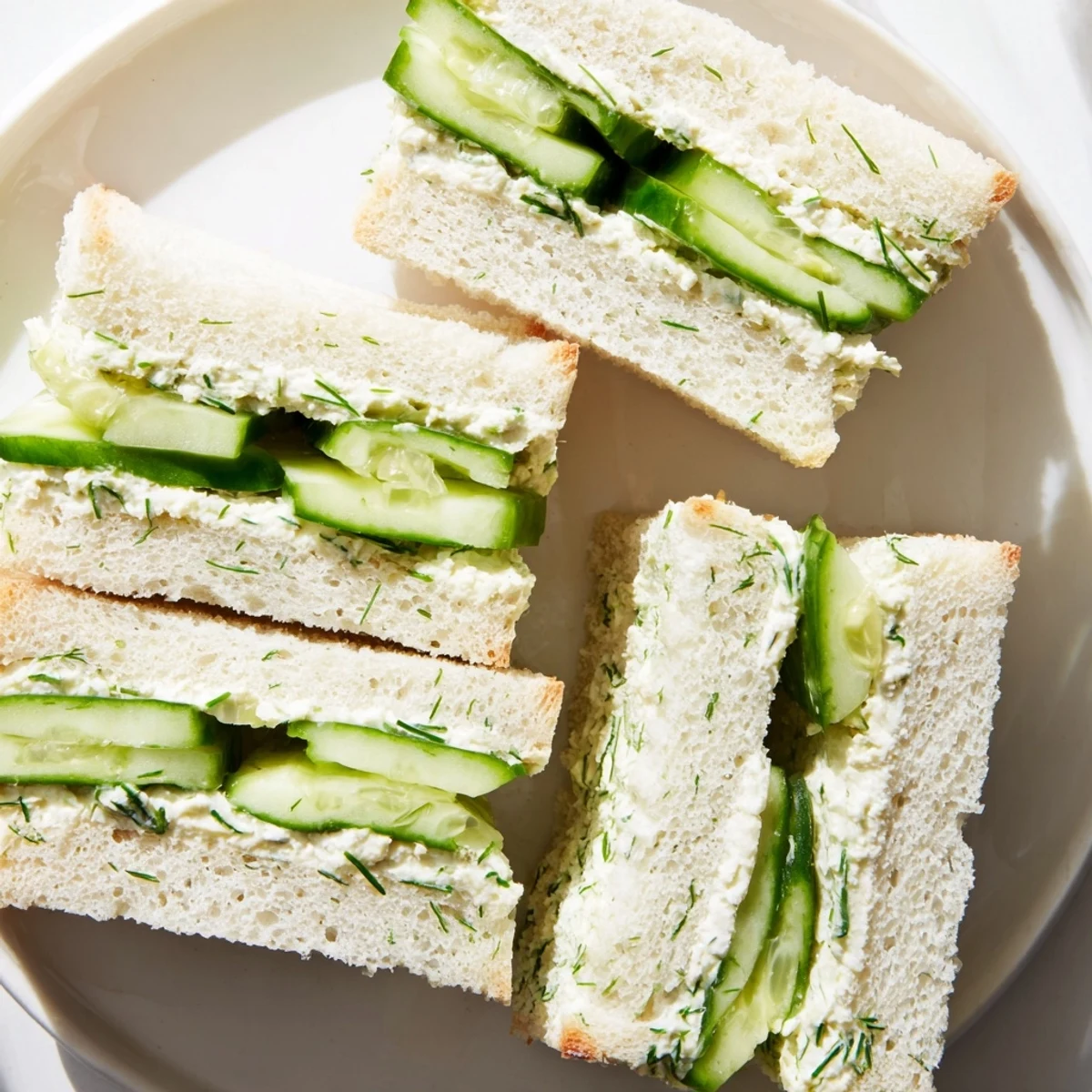 Freshly made cucumber sandwiches with herb cream cheese on white bread, cut into neat triangles for an elegant tea party appetizer.