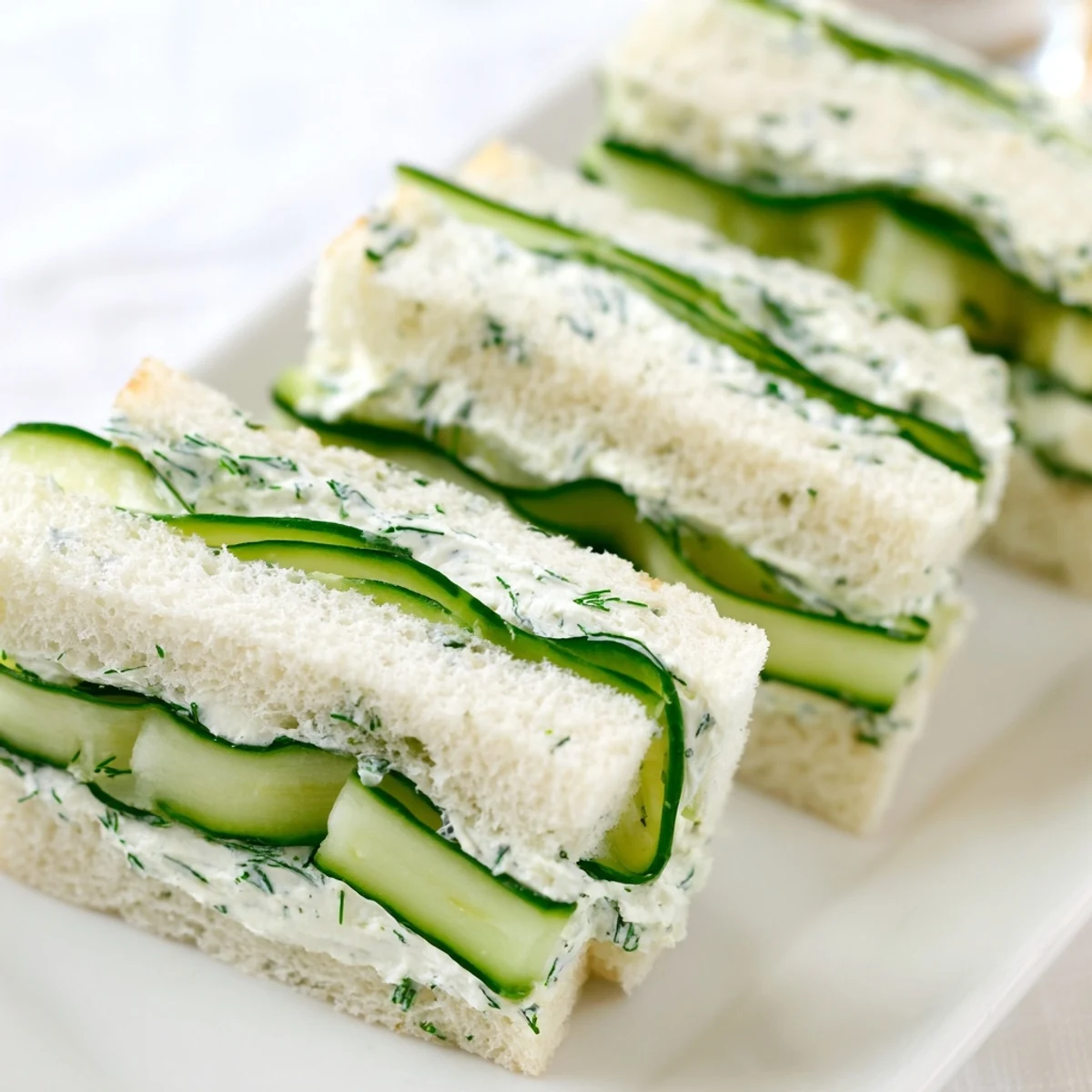Delicate layers of crisp English cucumber slices and creamy herbed cheese spread between soft bread, ready to serve at room temperature.