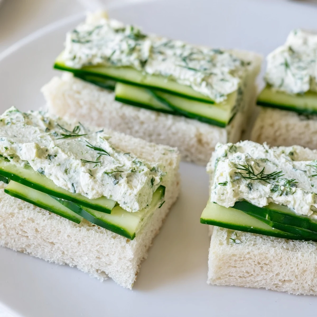 Lightly buttered sandwich quarters showcasing vibrant green cucumber and flecked dill cream cheese, perfect for a refreshing vegetarian finger food.