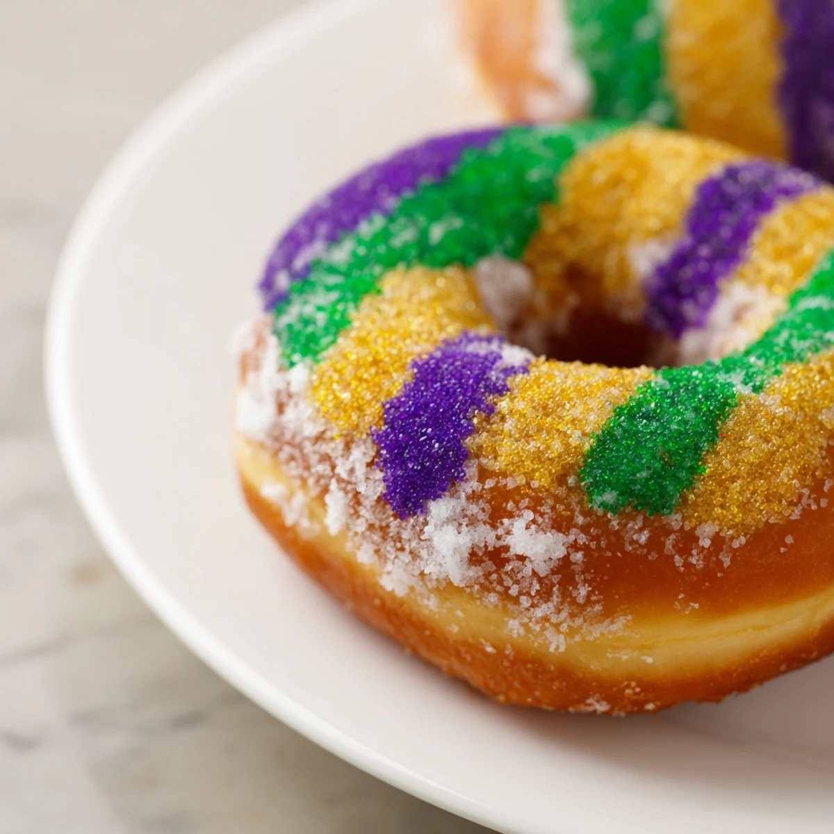 Golden-fried Mardi Gras donuts, dusted with purple, green, and gold sugars, rest on a rustic wooden table.
