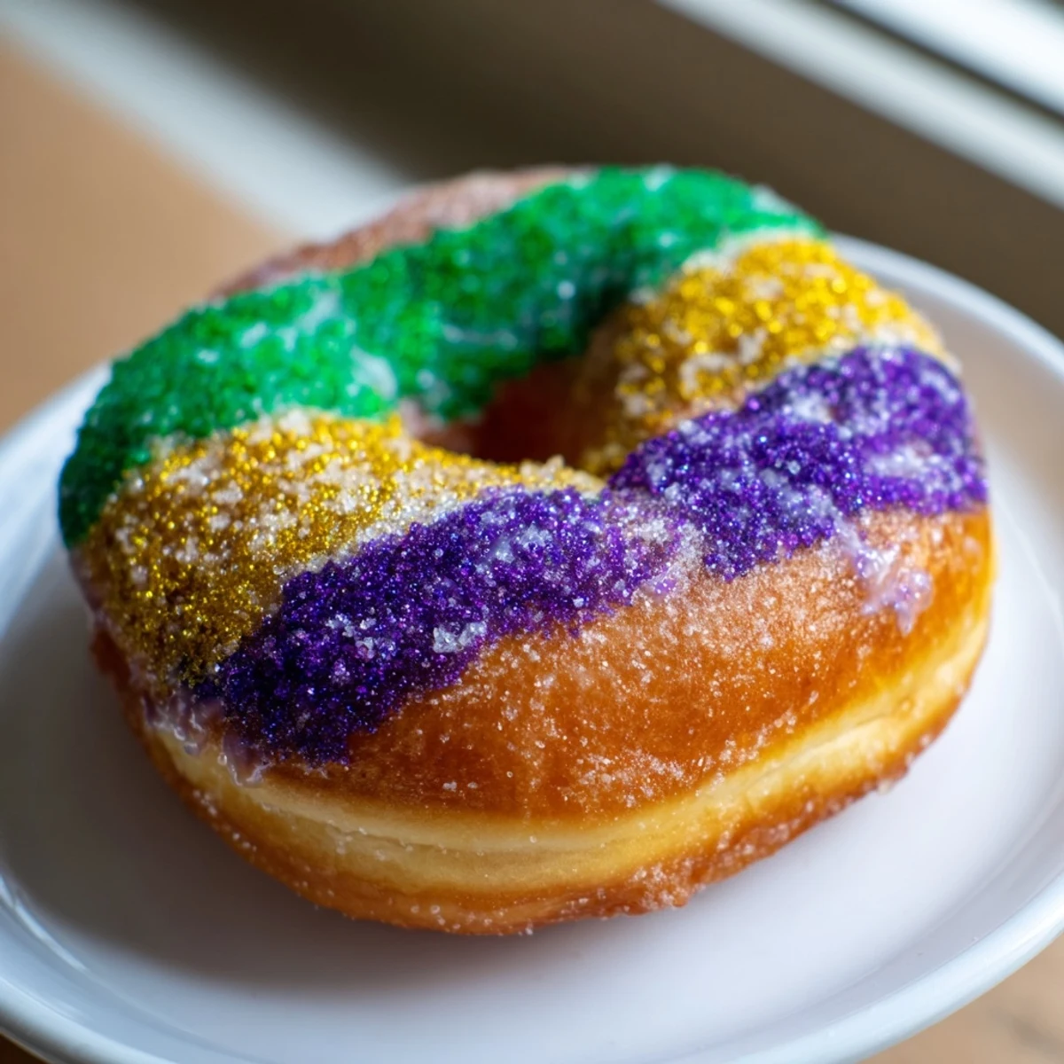 Freshly fried Mardi Gras donuts, lightly brushed with butter and sprinkled with festive purple, green, and gold sugar.