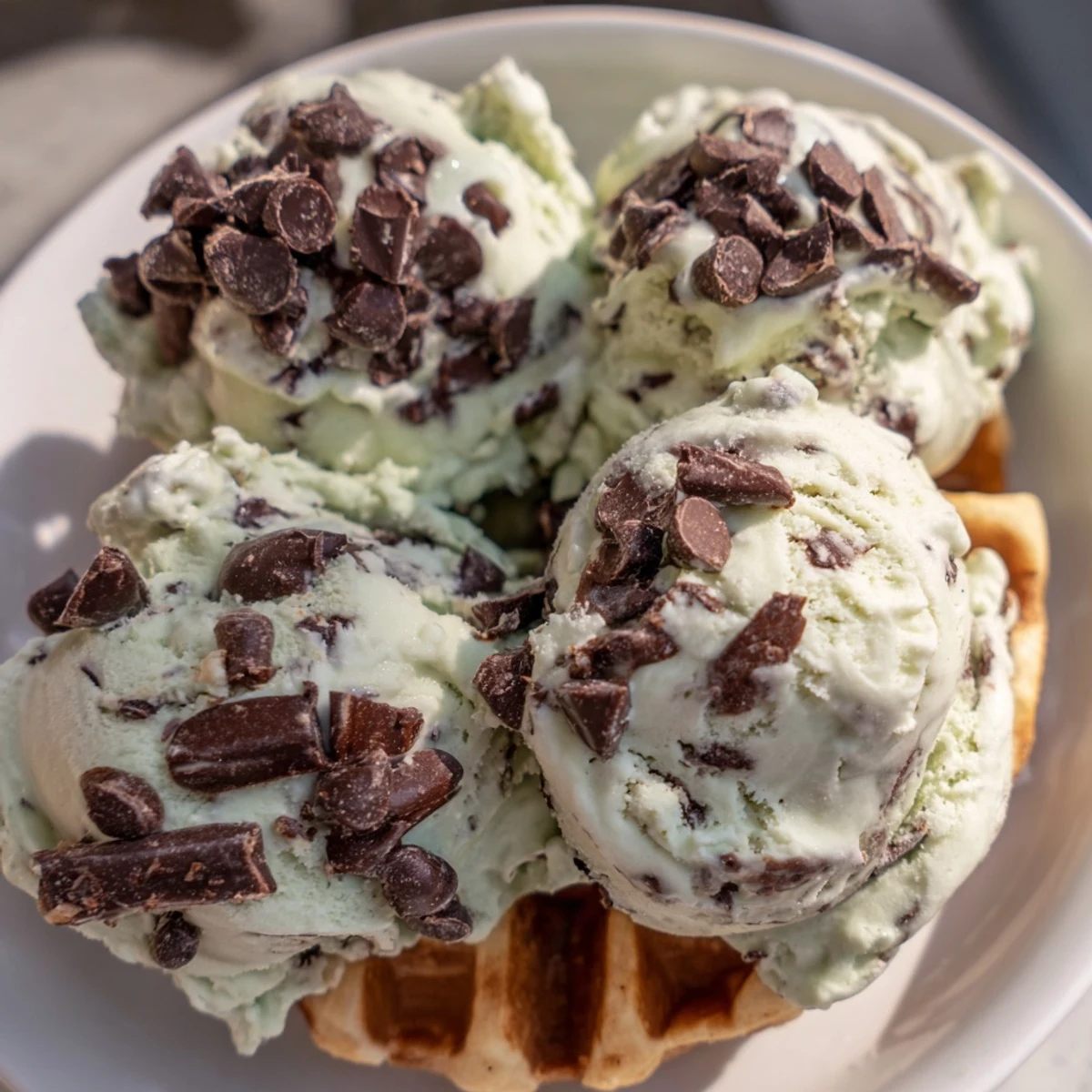 Creamy Mint Chocolate Chip Ice Cream with chocolate chunks served on a fresh waffle.