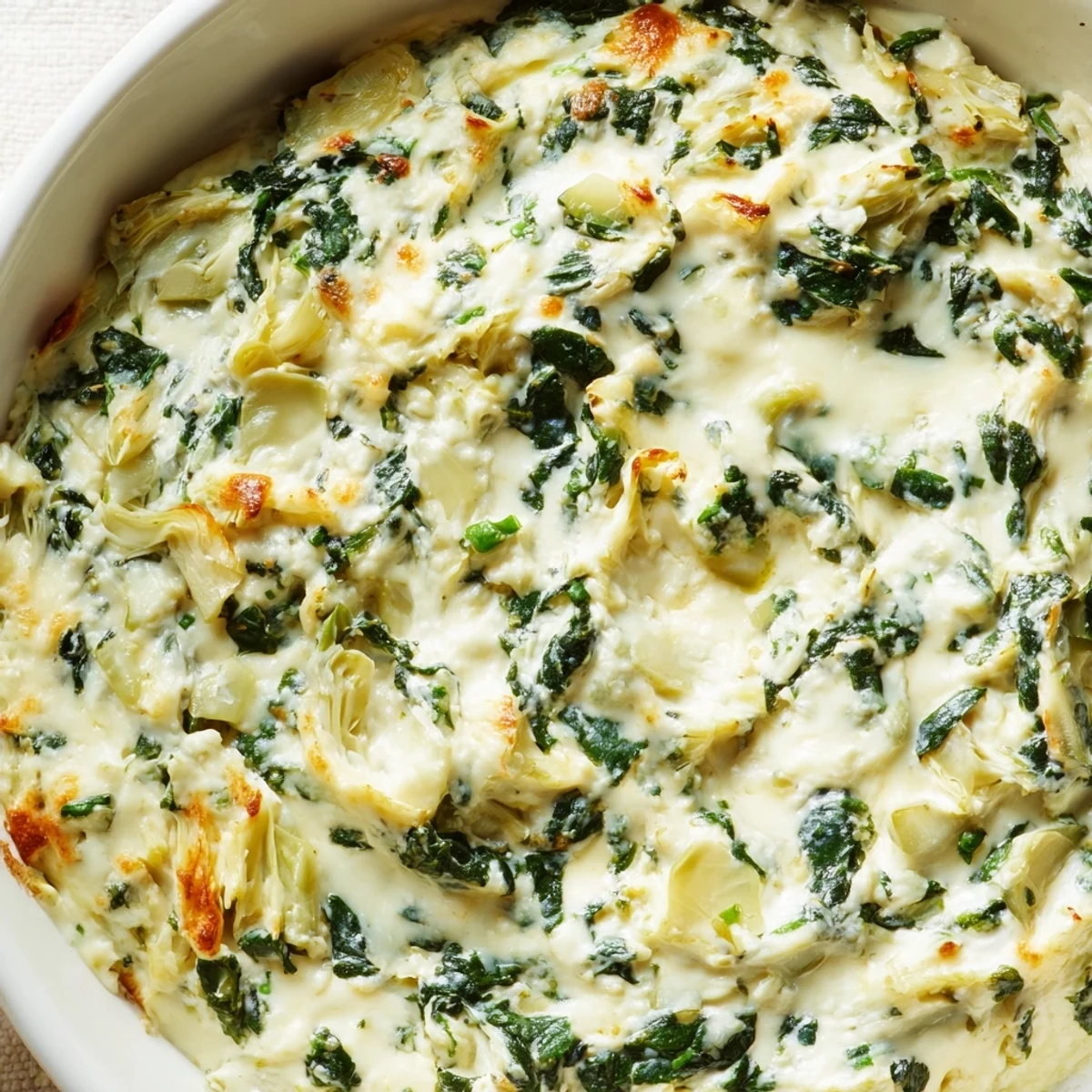 Steamy, golden-brown Creamy Spinach and Artichoke Dip bubbling in a rustic ceramic dish, ready for scooping.