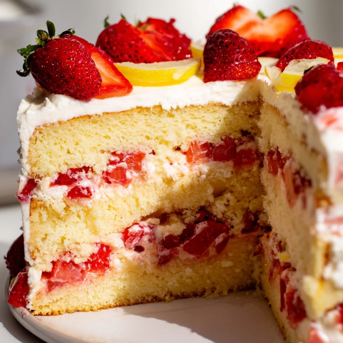 Strawberry Lemonade Layer Cake displays three moist lemon sponge tiers, separated by fresh strawberry filling and swirled with tangy lemon cream cheese frosting.  