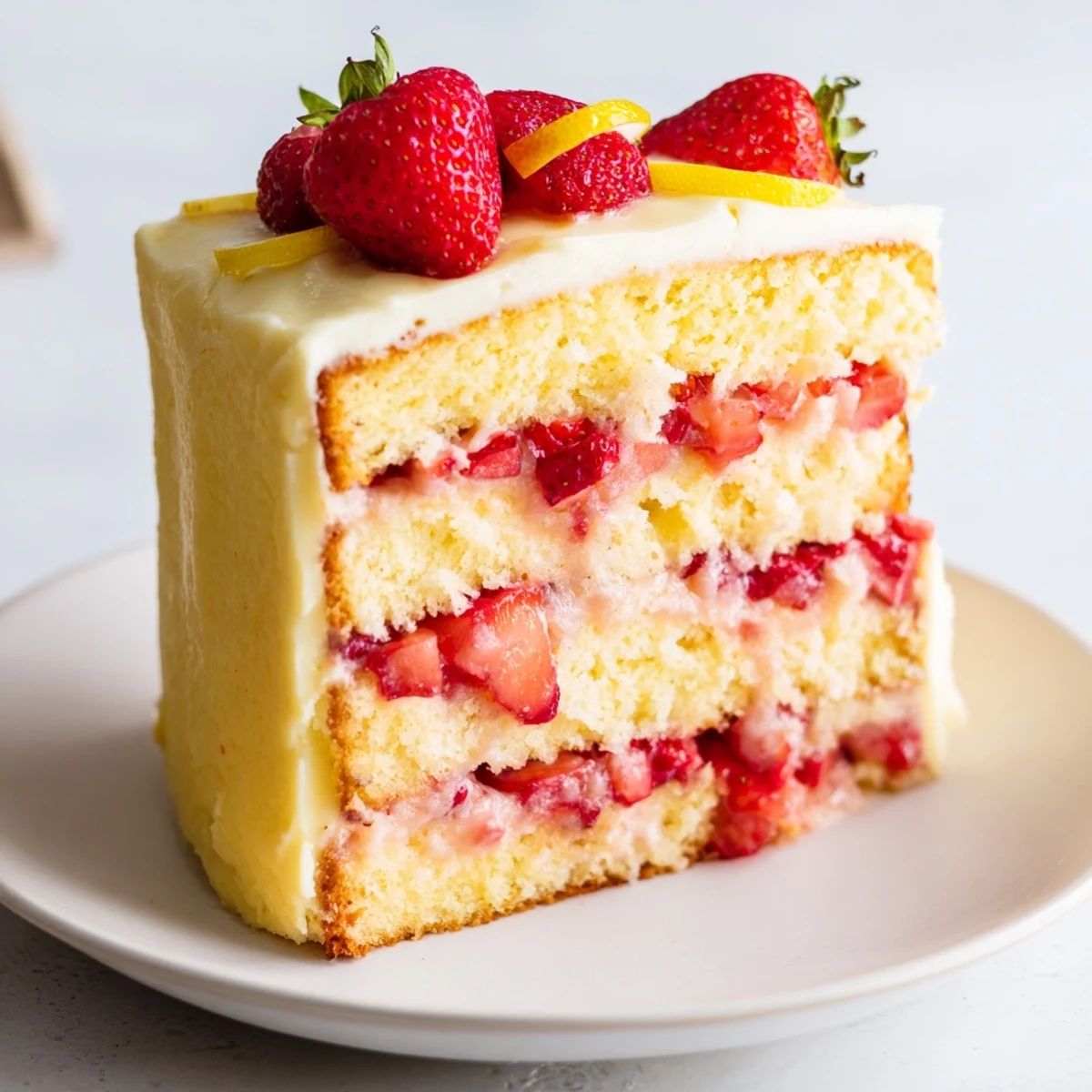 Sliced wedge of Strawberry Lemonade Layer Cake showcases moist crumb, vibrant pink strawberry filling, and a refreshing lemon cream cheese frosting finish.