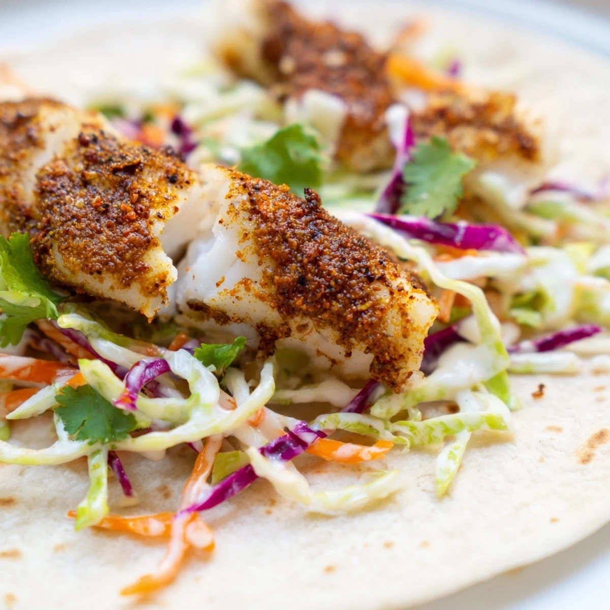A close-up of Cajun Spiced Fish Tacos with Slaw, showing flaky white fish nestled in warm tortillas with crisp cabbage and carrot slaw.