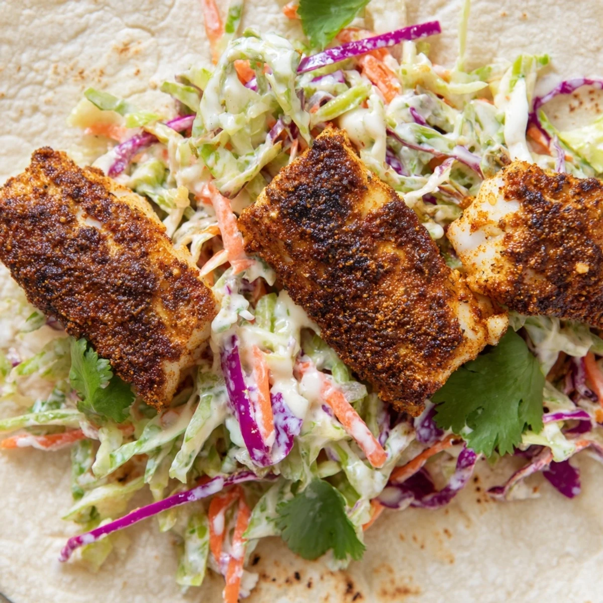 Serving platter of Cajun Spiced Fish Tacos with Slaw, showcasing golden-brown fish pieces, vibrant slaw, and garnished with extra cilantro for a family meal.