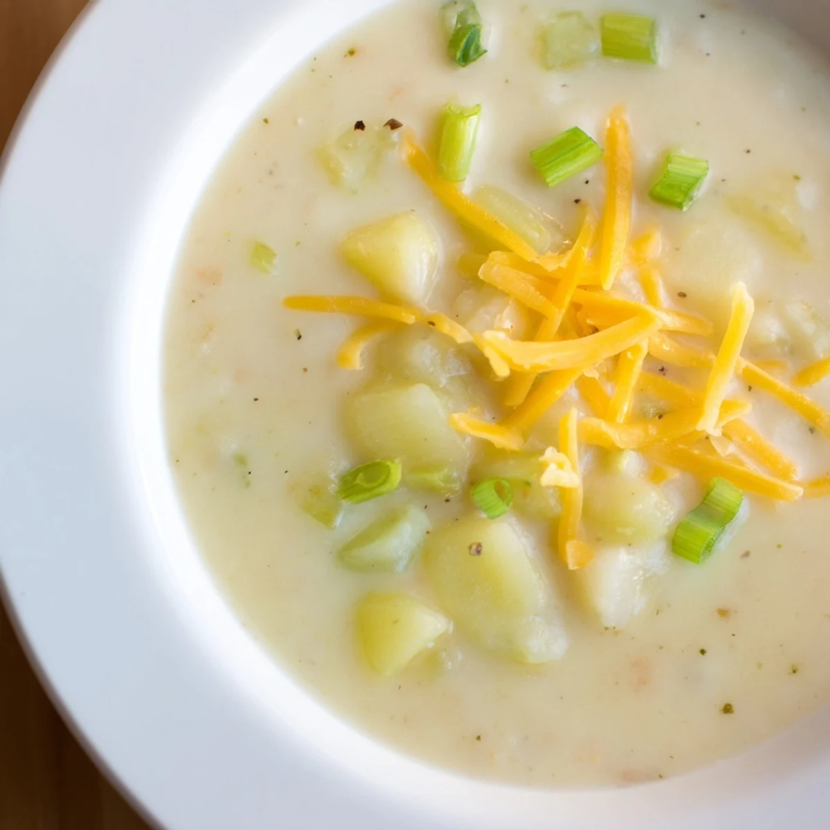 A ladle pours velvety Irish Potato Leek Soup with Cheddar into a rustic bowl, revealing its smooth, pale green texture.