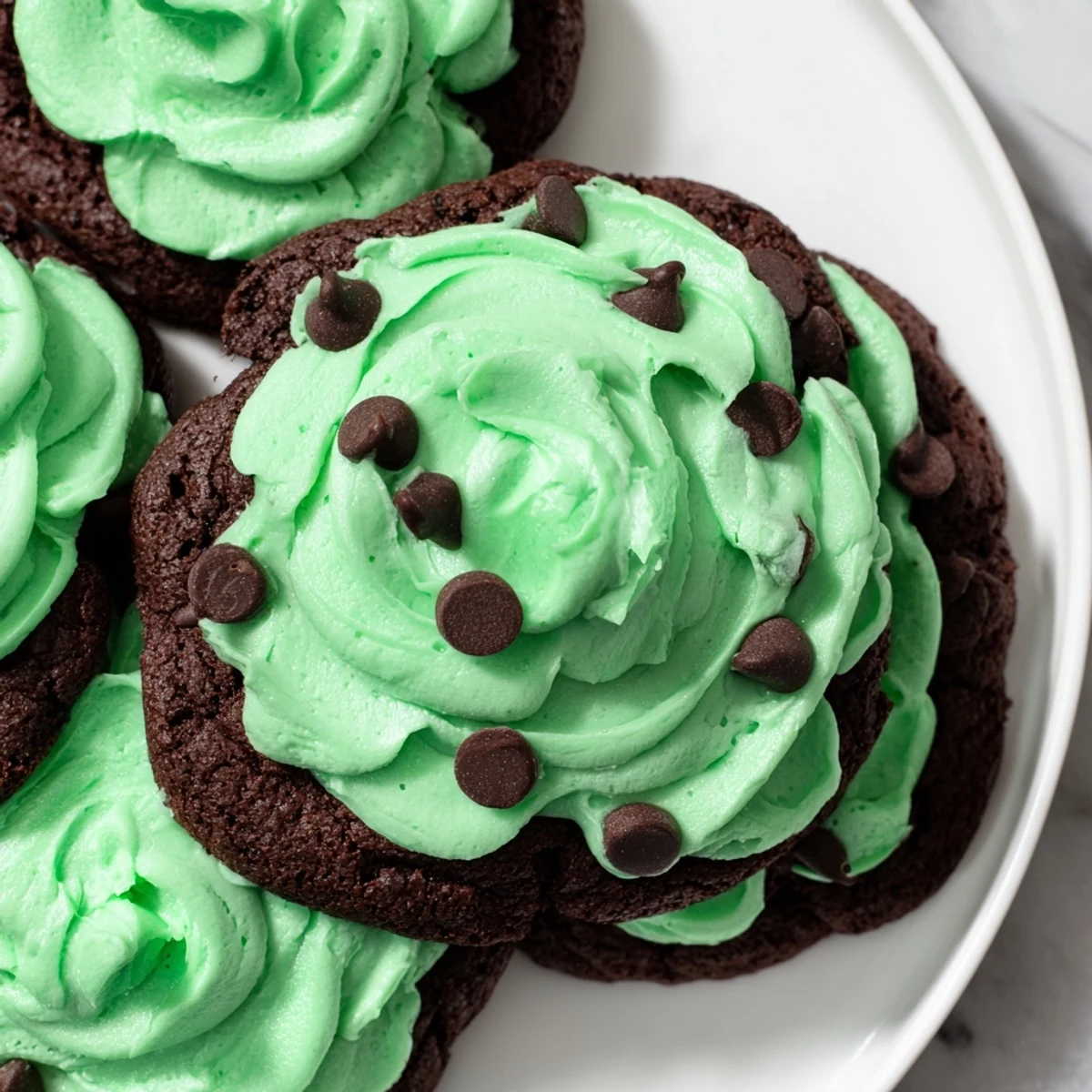 A close-up of chocolate mint cookies topped with vibrant green mint frosting on a rustic wooden board.  