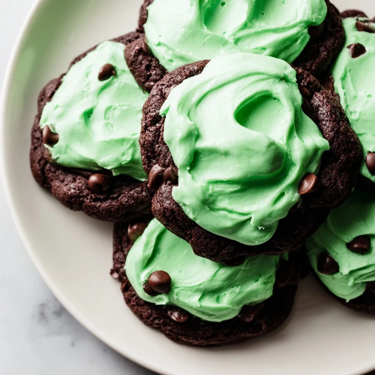 Festive chocolate mint cookies decorated with bright green frosting, perfect for holiday dessert platters.