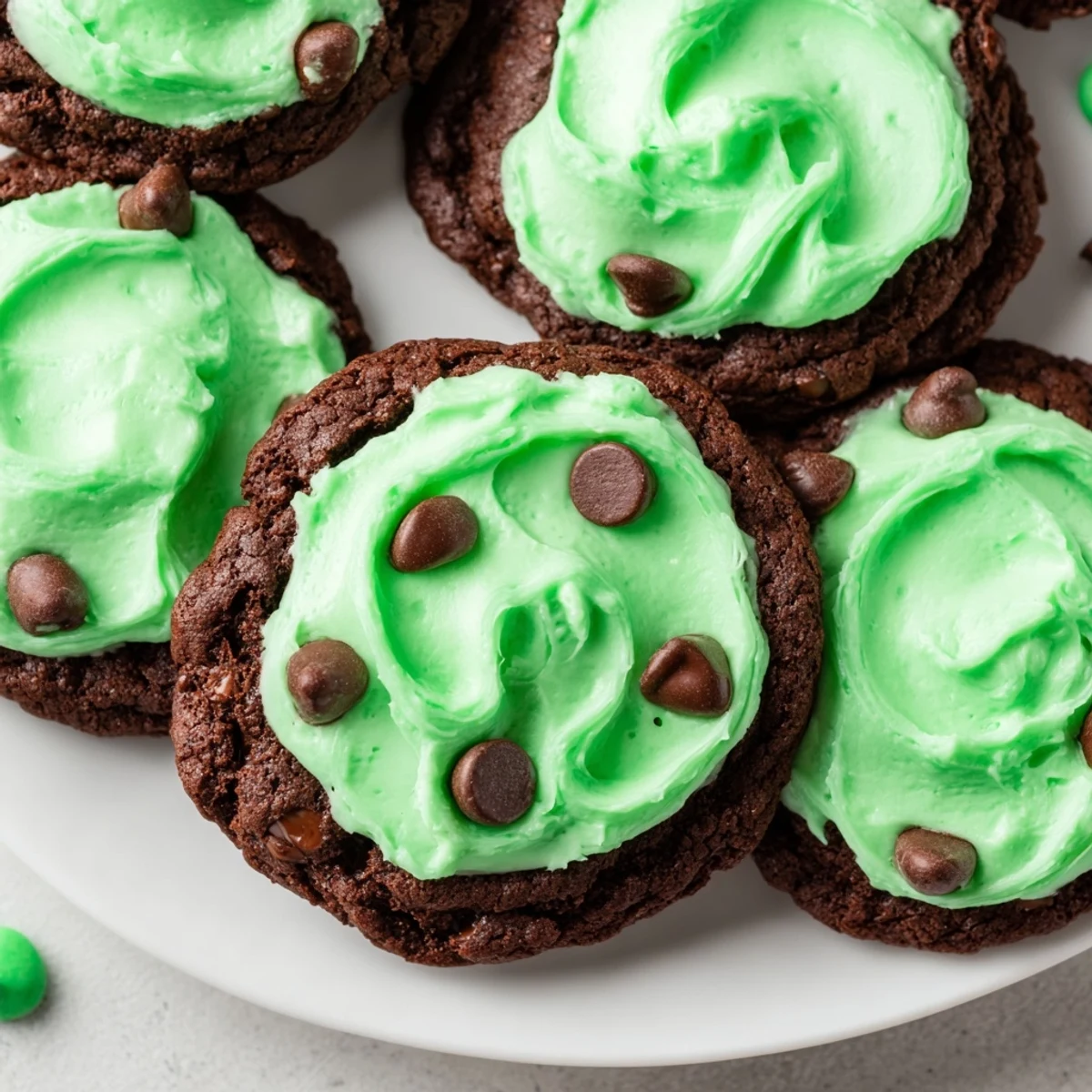 Freshly baked chocolate mint cookies with rich green frosting and a sprinkle of minty garnish.  