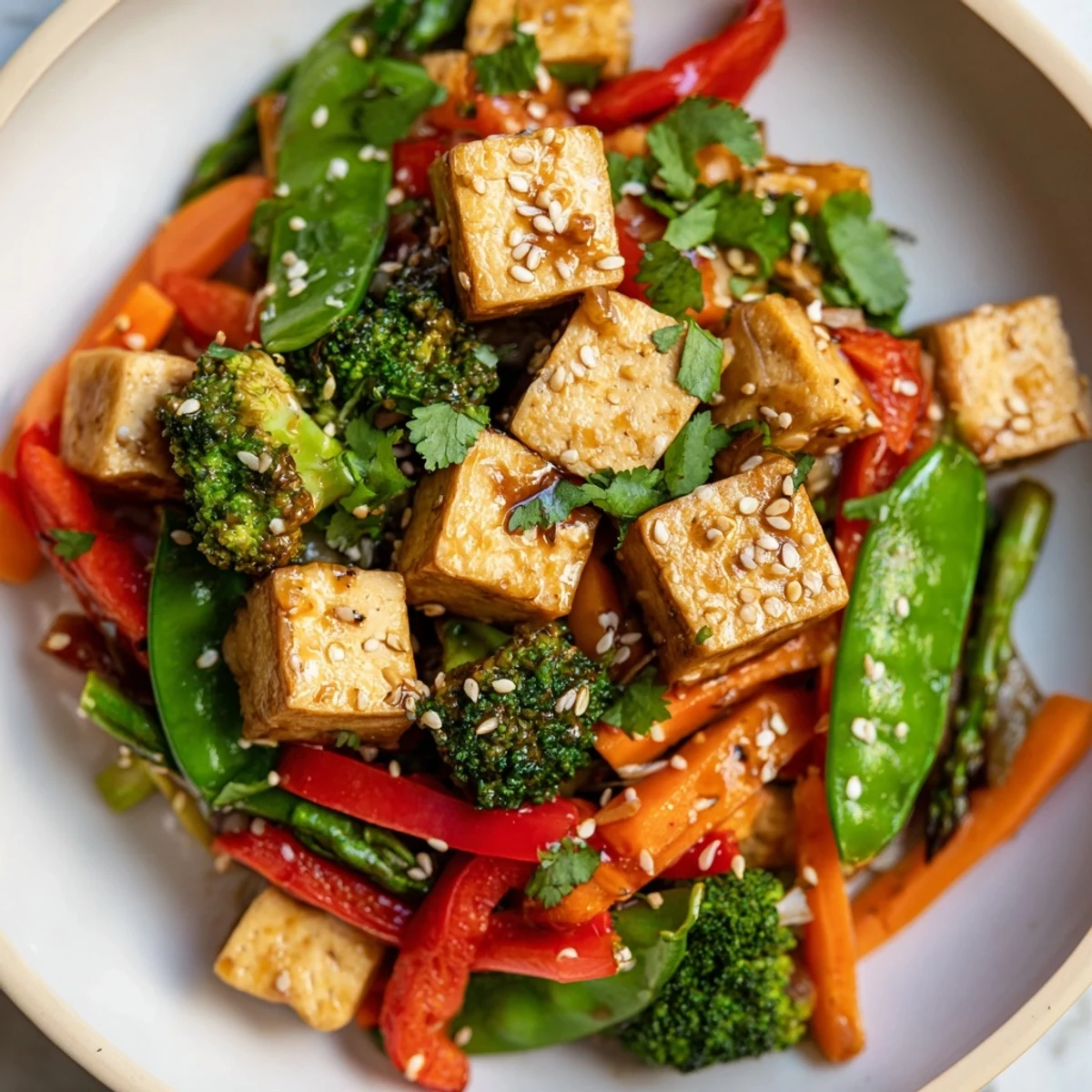 Crispy golden tofu cubes and colorful spring vegetables like asparagus and bell peppers in a light sauce, served steaming in a white bowl.  