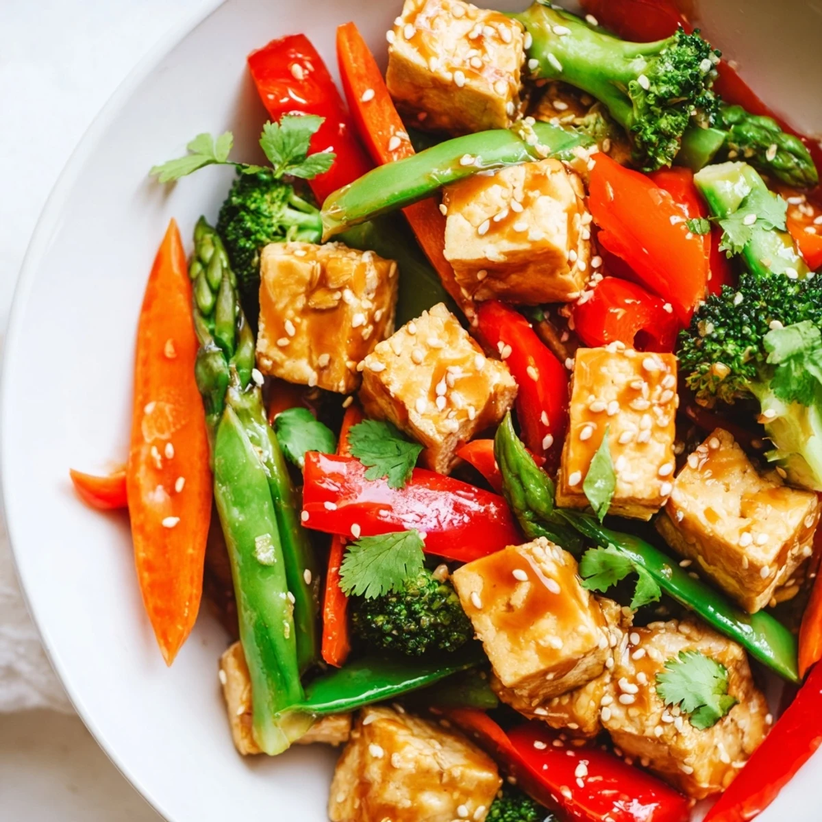 A vibrant vegetarian stir fry featuring tender tofu and a crisp medley of fresh veggies, garnished with toasted sesame seeds and herbs.  