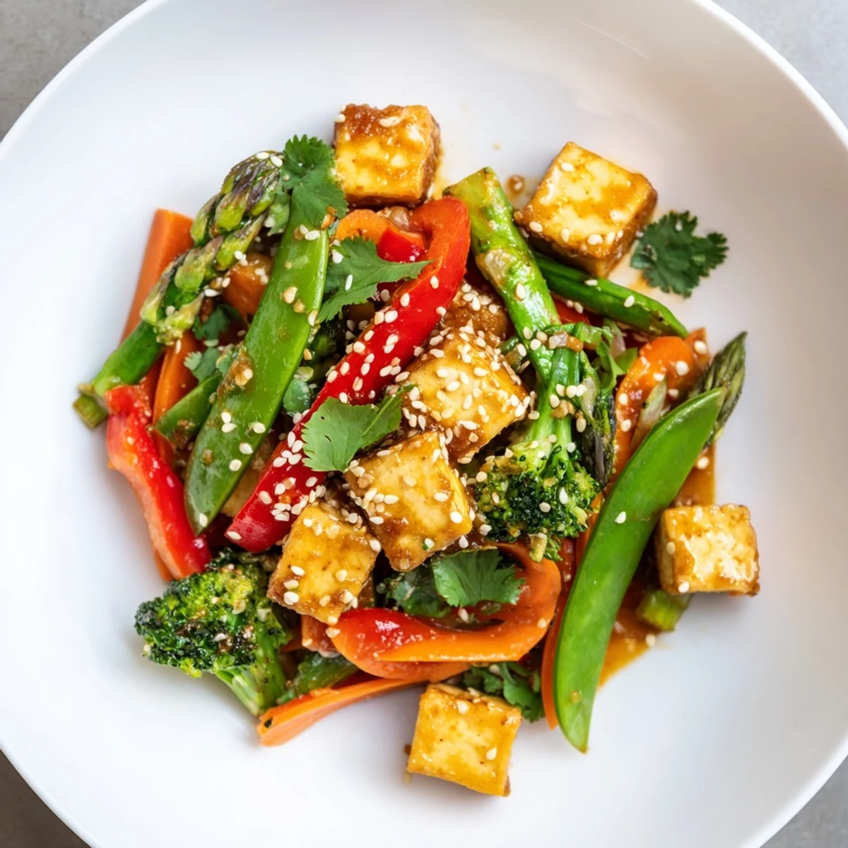 Hearty Spring Vegetable Stir Fry with Tofu paired with fluffy jasmine rice, showcasing bright green broccoli florets and caramelized tofu.