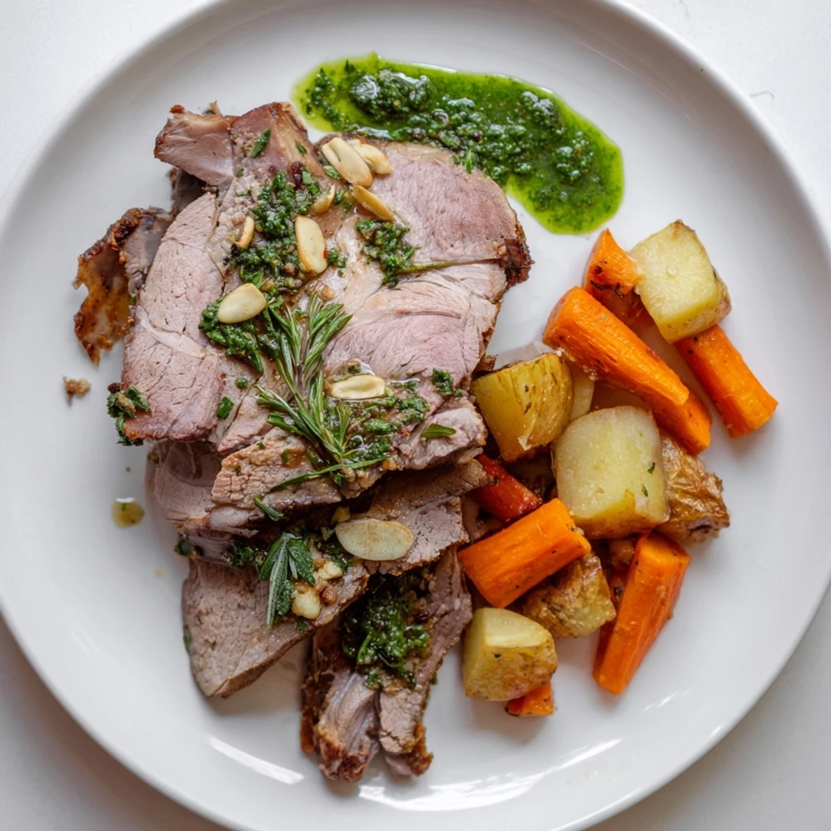 Golden slices of roasted leg of lamb rest on a platter, garnished with fresh rosemary and served with vibrant green mint sauce.  