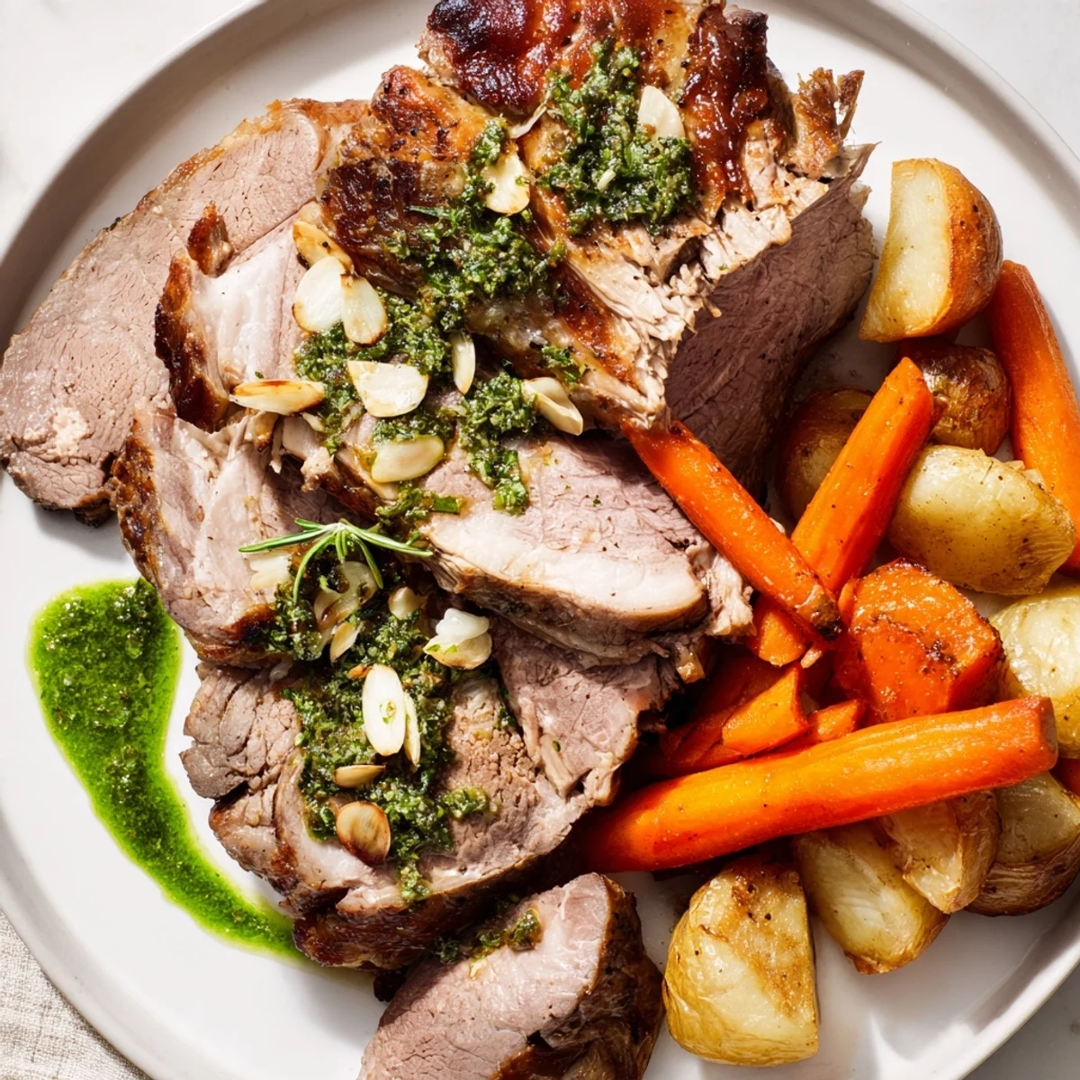 A whole roasted leg of lamb with aromatic garlic and herb crust, carved and ready for a festive Sunday dinner table.  