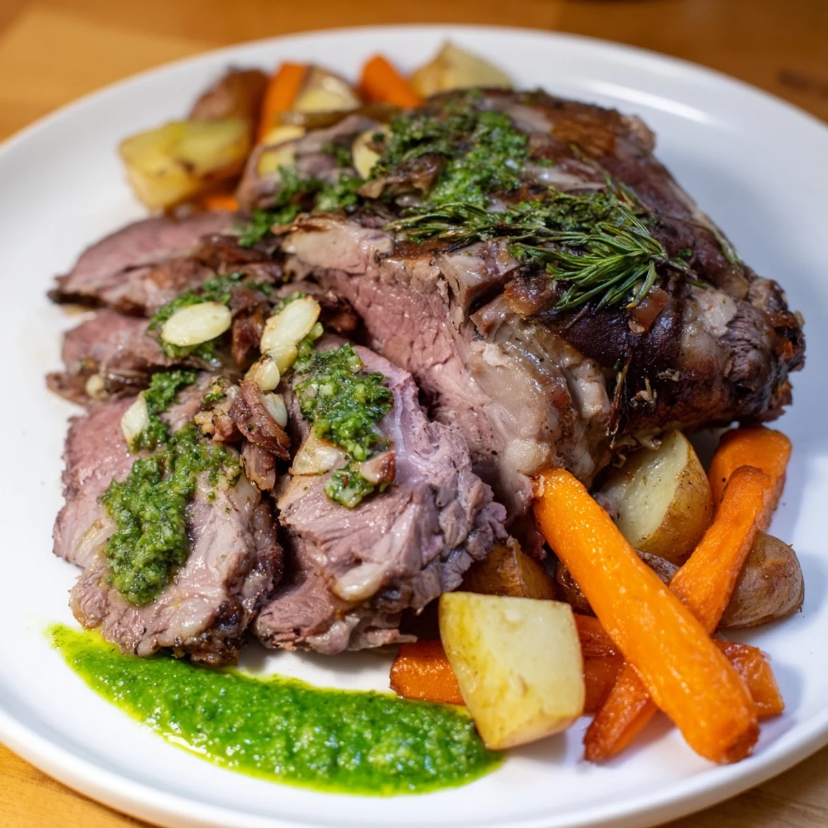 Roasted leg of lamb with mint sauce, juicy and pink, served alongside rustic roasted vegetables for a complete meal.