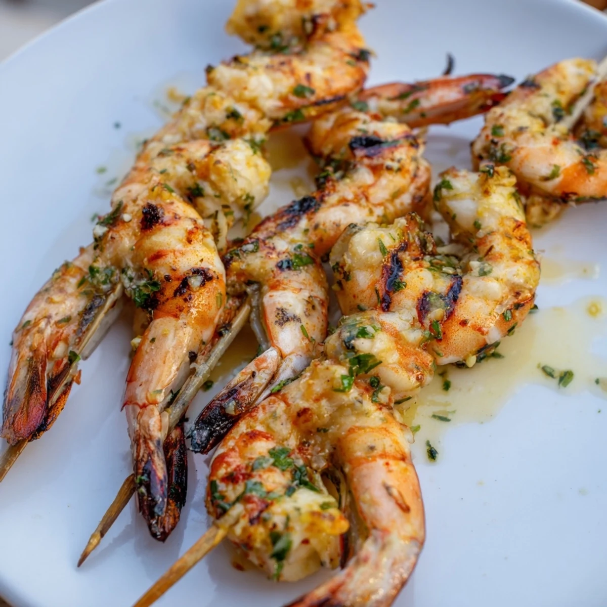 Juicy grilled Lemon Garlic Shrimp Skewers on skewers with char marks, garnished with fresh parsley and lemon wedges.