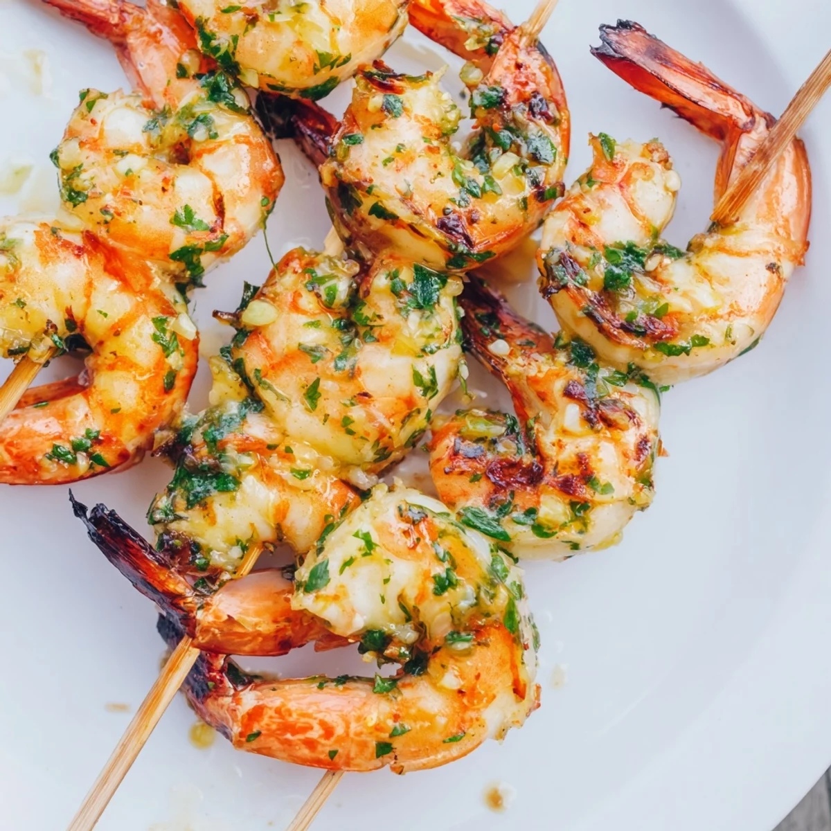 Perfectly cooked Lemon Garlic Shrimp Skewers served over a bed of fluffy white rice and a crisp green salad.