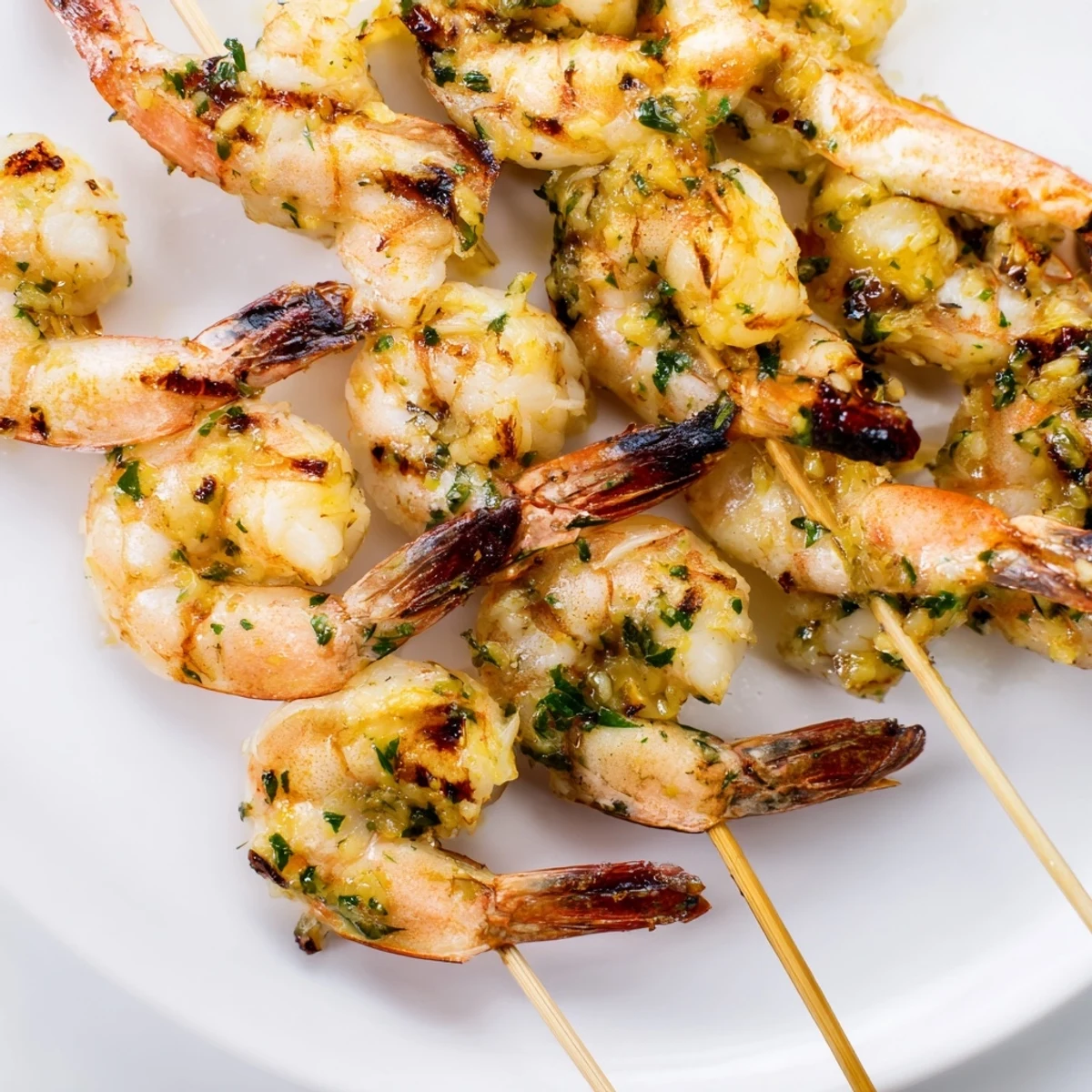 Sizzling Lemon Garlic Shrimp Skewers fresh off the grill, plated with lemon wedges and a sprinkle of fresh herbs.