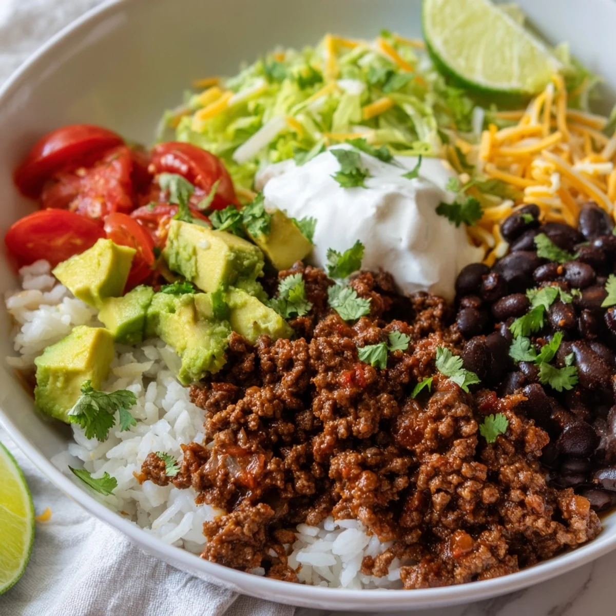 Freshly assembled Beef Burrito Bowls with fluffy rice, seasoned ground beef, and black beans, topped with cheddar, sour cream, avocado, and lime wedges.