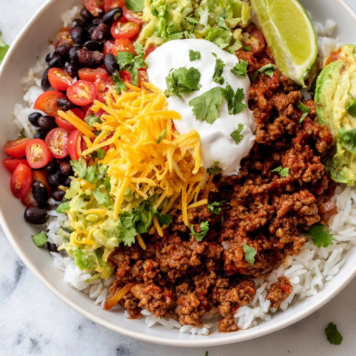 Hot, flavorful Beef Burrito Bowls featuring juicy ground beef, fluffy white rice, and warm black beans, finished with crisp lettuce and cherry tomatoes.