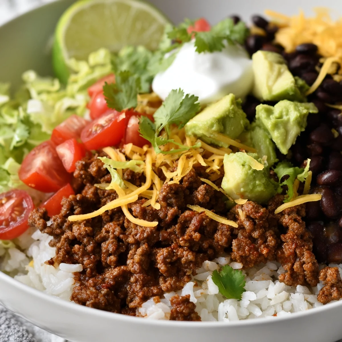 A family-friendly Beef Burrito Bowl spread with seasoned beef, rice, black beans, and fresh toppings like diced avocado, cheese, sour cream, and cilantro.