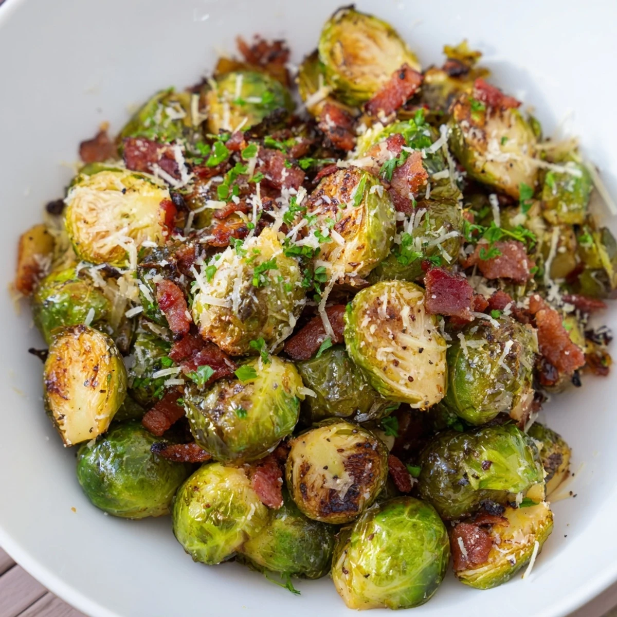 Roasted Brussels Sprouts with Turkey Bacon on a baking sheet, golden and caramelized with crispy bits.