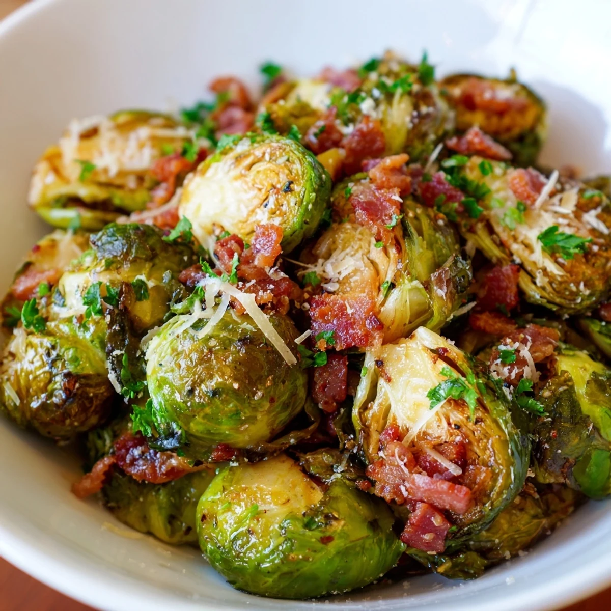 Roasted Brussels Sprouts with Turkey Bacon served warm, garnished with fresh parsley and optional Parmesan.