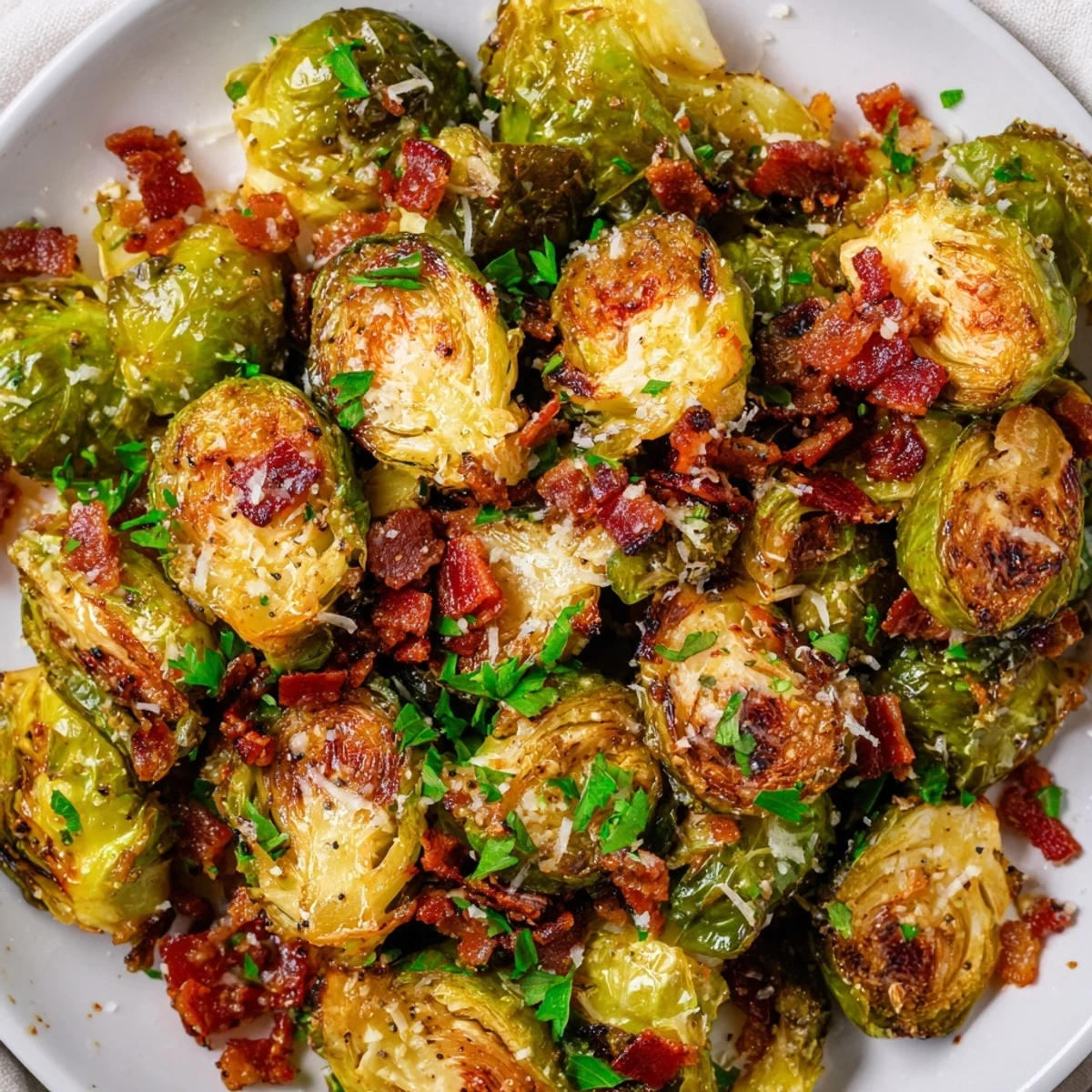 Roasted Brussels Sprouts with Turkey Bacon plated beside roasted chicken for a hearty, low-carb side dish.