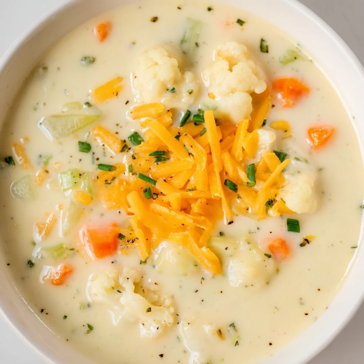 A close-up of Creamy Cauliflower Chowder with Cheddar, showing tender vegetables and a velvety, cheesy broth.