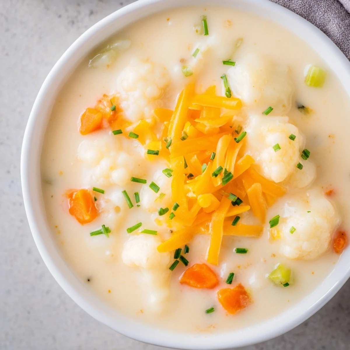 Creamy Cauliflower Chowder with Cheddar steaming in a white bowl, topped with fresh chives and melted cheese.