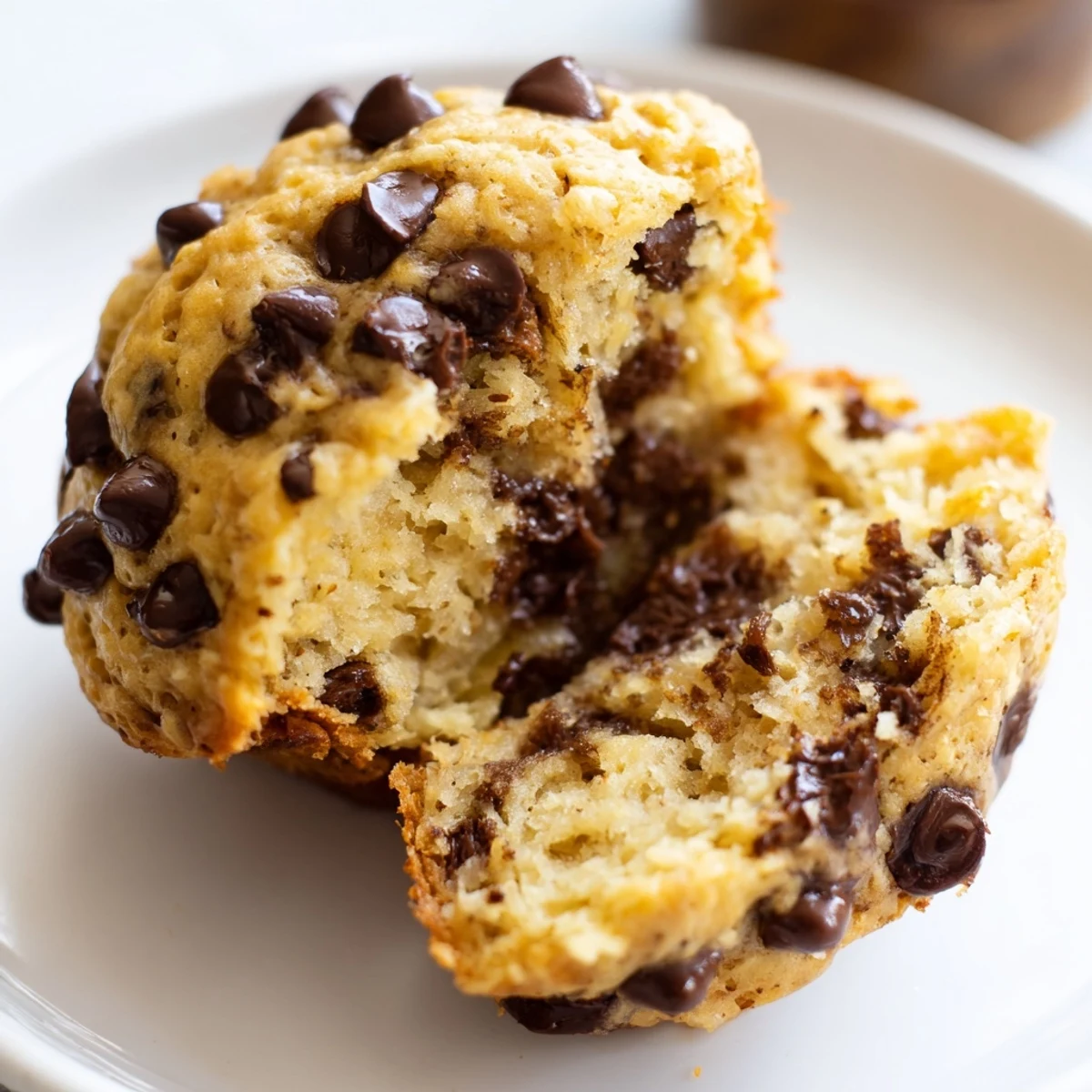 Freshly baked Chocolate Chip Banana Bread Muffins with melty chocolate chips on a wooden board, showcasing a tender crumb for breakfast.  