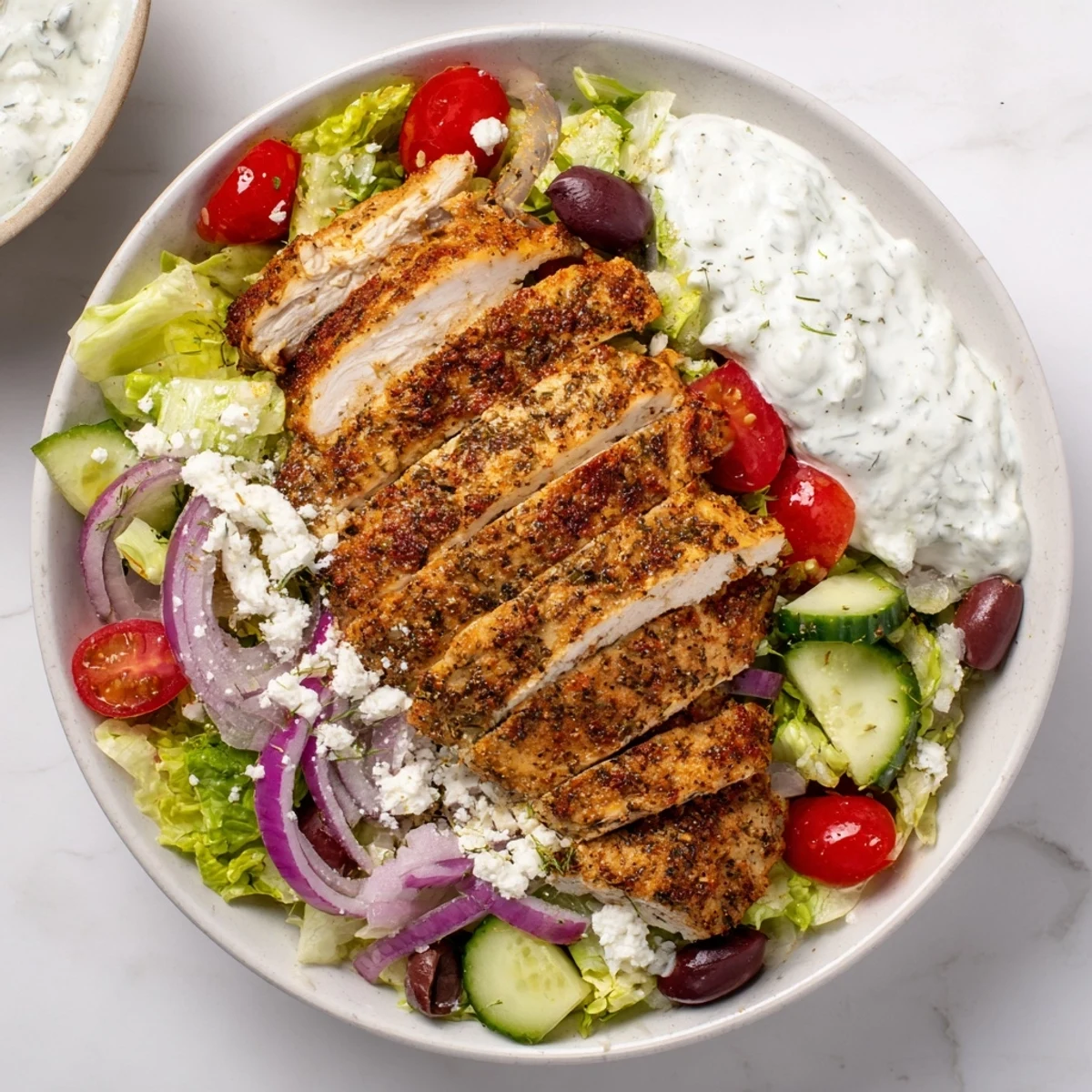 Juicy marinated chicken, crisp veggies, and creamy tzatziki top warm quinoa in these Greek Chicken Gyro Bowls.